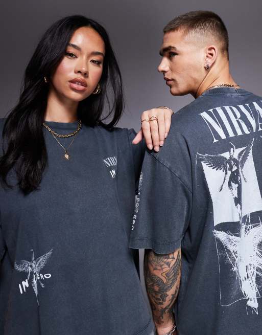 Camiseta negro lavado unisex de corte cuadrado con estampados de Nirvana de ASOS DESIGN, 4 de 4