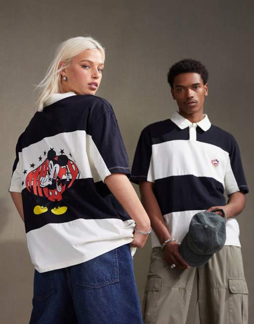 Camiseta negro lavado unisex extragrande con cuello tipo polo y estampado de Mickey Mouse de Disney de ASOS DESIGN