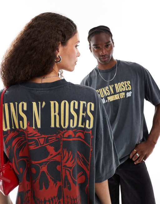 Camiseta negro lavado unisex extragrande con estampados de Guns N