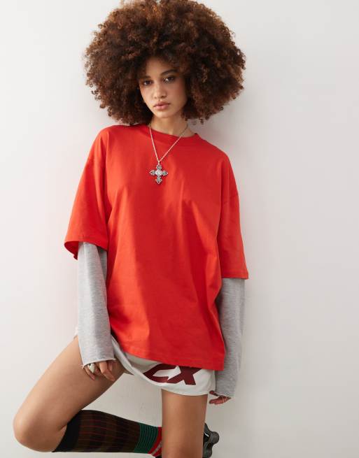 Camiseta roja de corte skater con diseño de dos capas de tejido de sudadera de COLLUSION