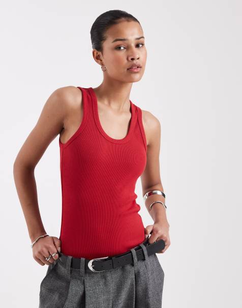 Camiseta roja de tirantes con cuello ancho de canalé de JJXX - view 1