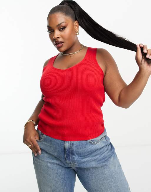 Camiseta roja de tirantes con cuello de pico de punto de ASOS DESIGN Curve