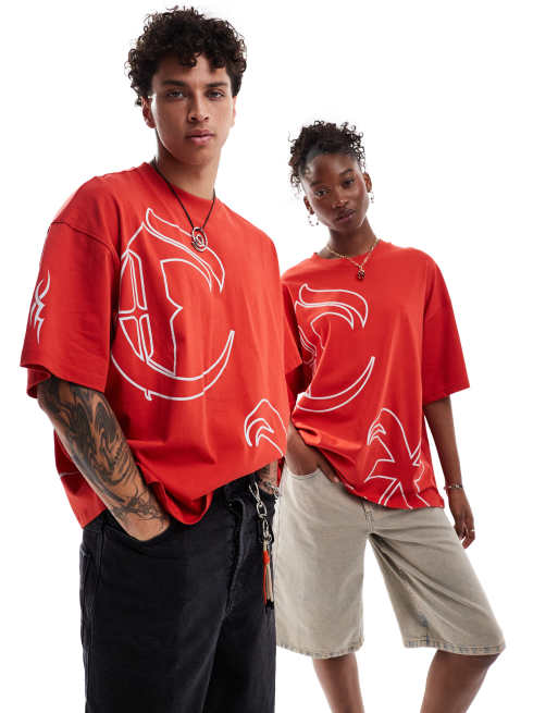 Camiseta roja estampada de corte skater de COLLUSION Unisex