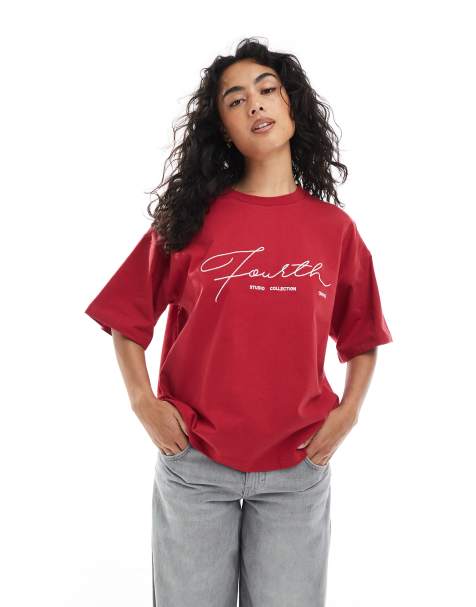 Camiseta roja extragrande con logo bordado de 4th & Reckless - view 1