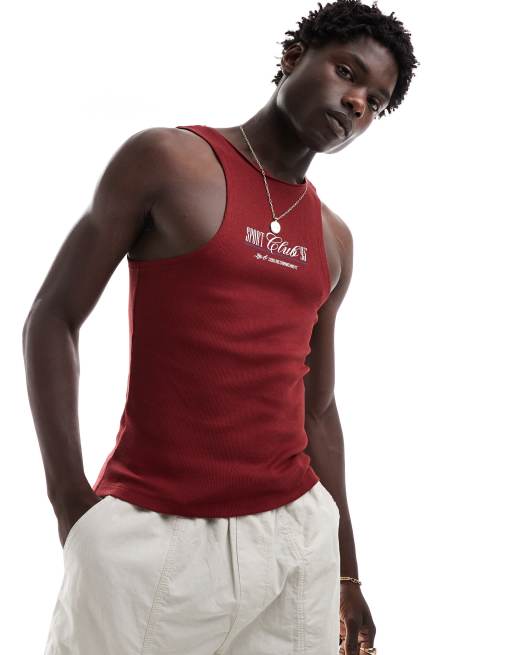 Camiseta rojo oscuro ajustada sin mangas con estampado de texto en el pecho de ASOS DESIGN