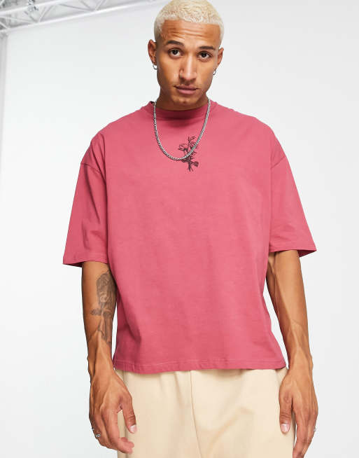 Camiseta rojo oscuro extragrande con flores estampadas en el pecho de ASOS DESIGN
