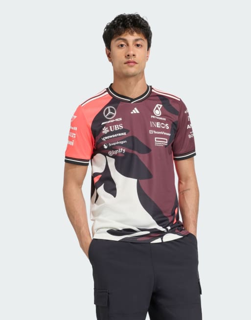 Camiseta rojo rubí y blanco hueso con diseño de piloto Mercedes-AMG PETRONAS Formula One Team Driver Authentic Summer Pack de adidas Performance