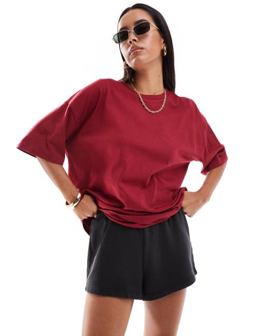 Camiseta rojo vino de corte cuadrado extragrande de punto grueso de ASOS DESIGN