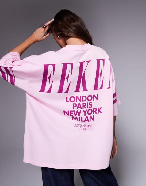 Camiseta rosa claro y morado extragrande con logo apilado en la espalda Icon de Weekend Collective - view 1
