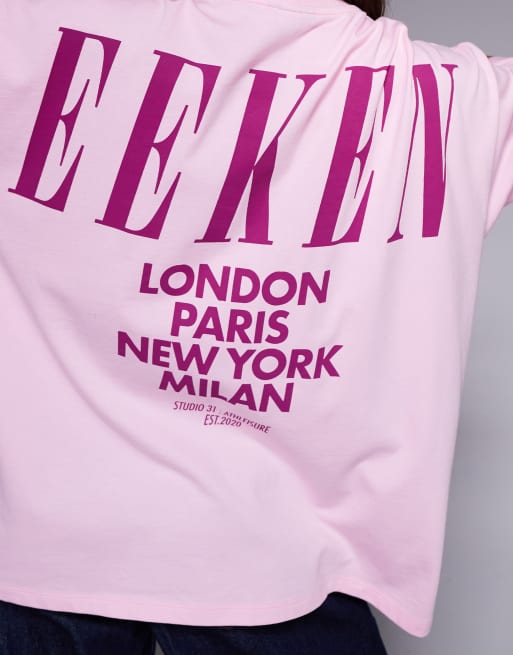 Camiseta rosa claro y morado extragrande con logo apilado en la espalda Icon de Weekend Collective, 3 de 4