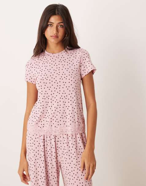 Camiseta rosa con diseño encogido, estampado de corazones y ribete de encaje Mix & Match de ASOS DESIGN - view 1