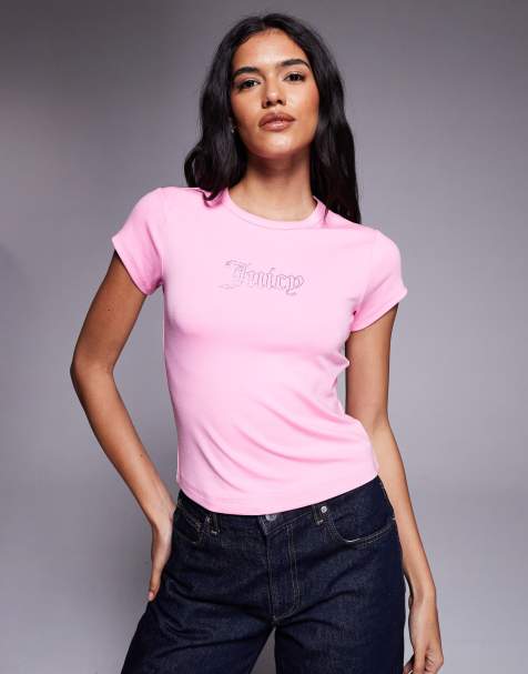 Camiseta rosa con diseño encogido y logo delineado de strass de Juicy Couture - view 1