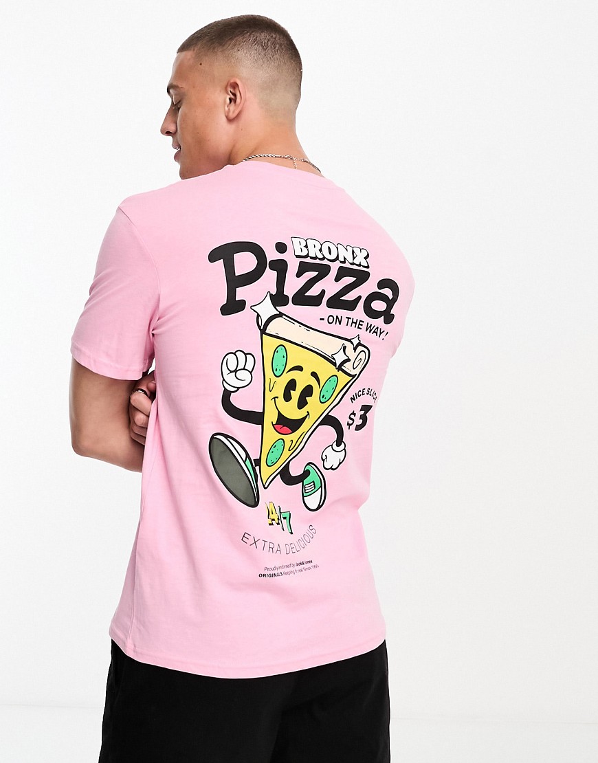 camiseta rosa con estampado de pizza en la espalda de jack & jones originals
