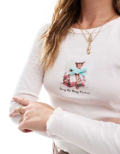 Camiseta rosa de manga larga con estampado de cervatillo de canalé de Miss Selfridge, 3 de 4