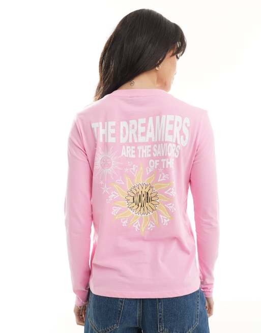 Camiseta rosa de manga larga con estampado de girasol y texto de PIECES