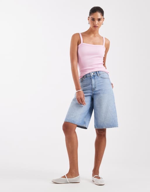 Camiseta rosa de tirantes con cuello cuadrado de canalé de JJXX, 2 de 4