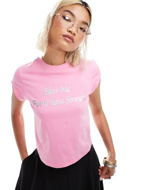 Camiseta rosa entallada con estampado "Bless Me" de COLLUSION - view 1