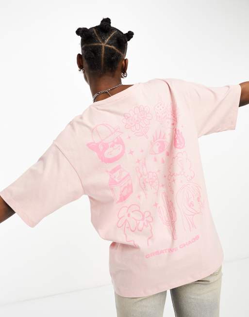 Camiseta rosa extragrande con estampado caótico en la espalda de JJXX