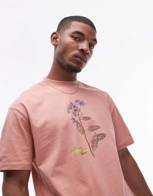 Camiseta rosa extragrande con estampado de flor prensada en la espalda y el pecho de Topman