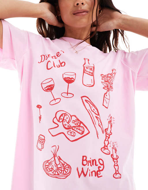 Camiseta rosa extragrande con estampado gráfico de comida "Dinner Club" de ASOS DESIGN, 3 de 4