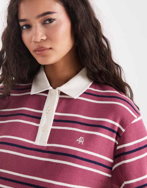 Camiseta rosa frambuesa a rayas de estilo rugby con logo bordado de algodón de 4th & Reckless, 3 de 4