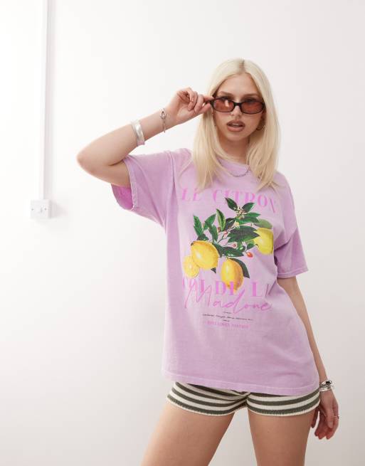 Camiseta rosa lavado extragrande con estampado de limón de algodón de Reclaimed Vintage