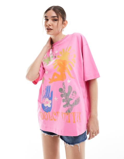 Camiseta rosa luminoso extragrande con estampado gráfico artístico "Dolce Vita" de ASOS DESIGN - view 1