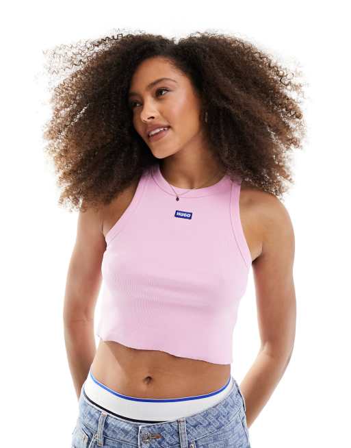 Camiseta rosa sin mangas con diseño encogido de HUGO Blue