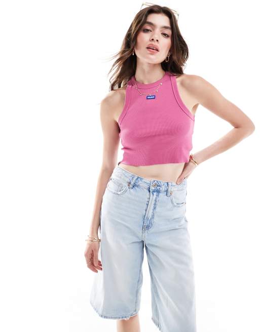 Camiseta rosa sin mangas con diseño encogido de HUGO Blue