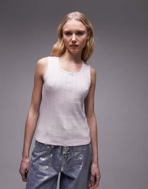 Camiseta rosa sin mangas de pointelle con cuello ancho y detalle de encaje de Topshop - view 1