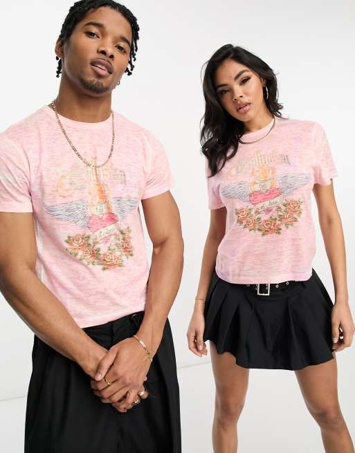 Camiseta rosa unisex con estampado desgastado de COLLUSION Unisex
