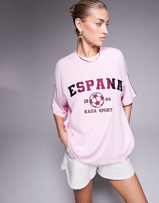 Camiseta rosa y burdeos extragrande con estampado de España y cuello redondo de Kaiia Sport