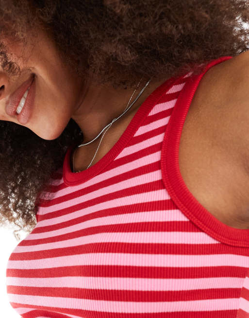 Camiseta rosa y roja a rayas sin mangas de canalé de JJXX, 2 de 4