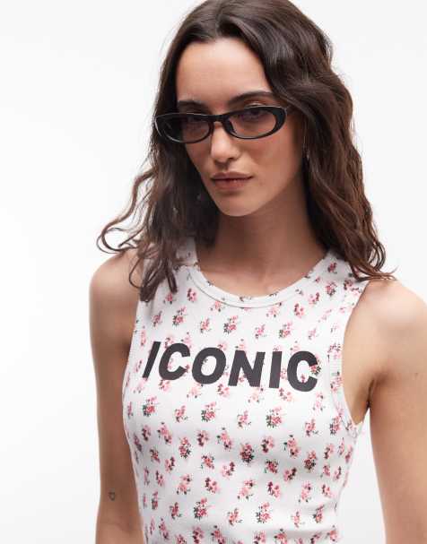 Camiseta sin mangas con cuello ancho y estampado de florecitas y texto "Iconic" de ASOS DESIGN - view 1