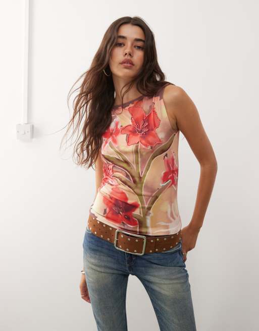 Camiseta sin mangas con cuello barco y estampado floral con abalorios de Reclaimed Vintage
