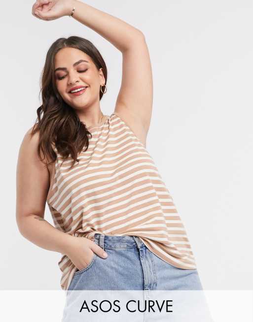 Camiseta sin mangas con vuelo y estampado de rayas en color visón y blanco de ASOS DESIGN Curve