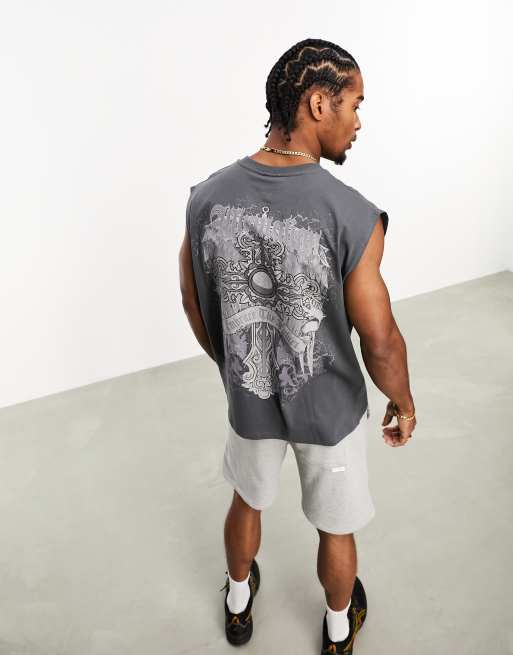 Camiseta sin mangas extragrande con lavado negro y estampado de cruz en la espalda de ASOS DESIGN