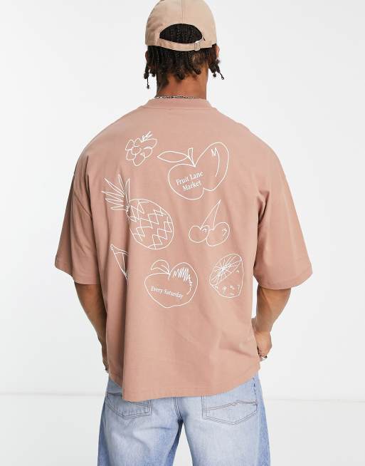 Camiseta tostada extragrande con estampado lineal de frutas dibujadas de ASOS DESIGN