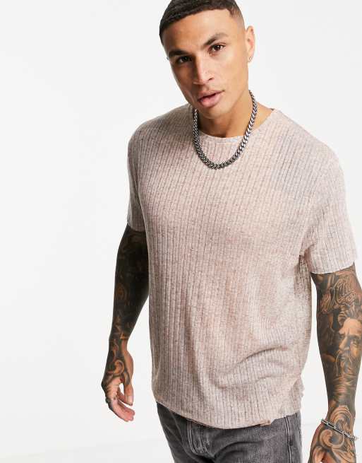 Camiseta tostada holgada con bajo sin rematar de canalé fino de ASOS DESIGN