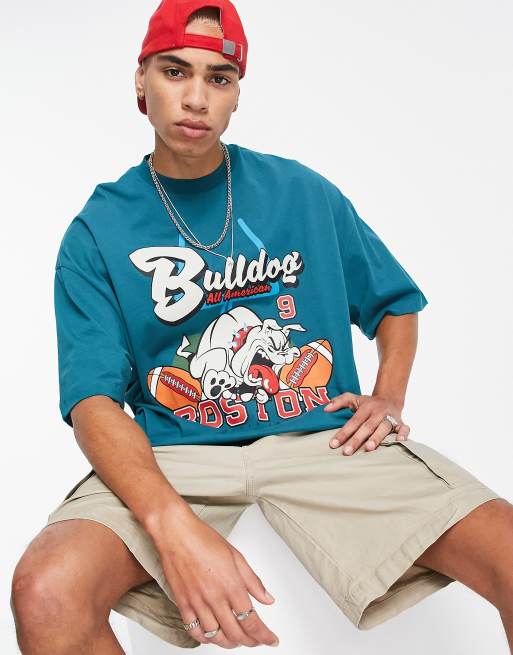 Camiseta verde cerceta extragrande con estampado de bulldog en el pecho de ASOS DESIGN, 3 de 4