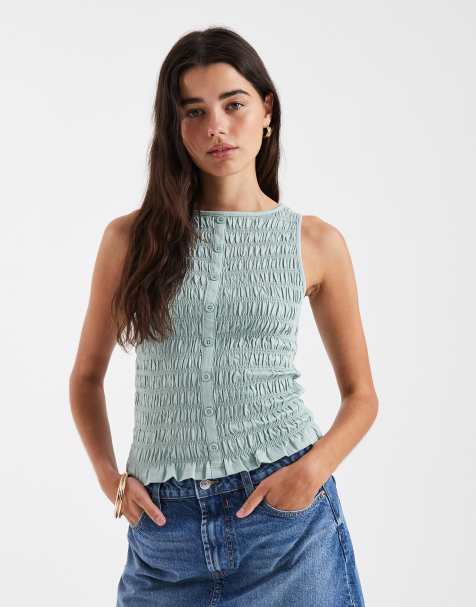 Camiseta verde claro fruncida sin mangas con botones de New Look - view 1