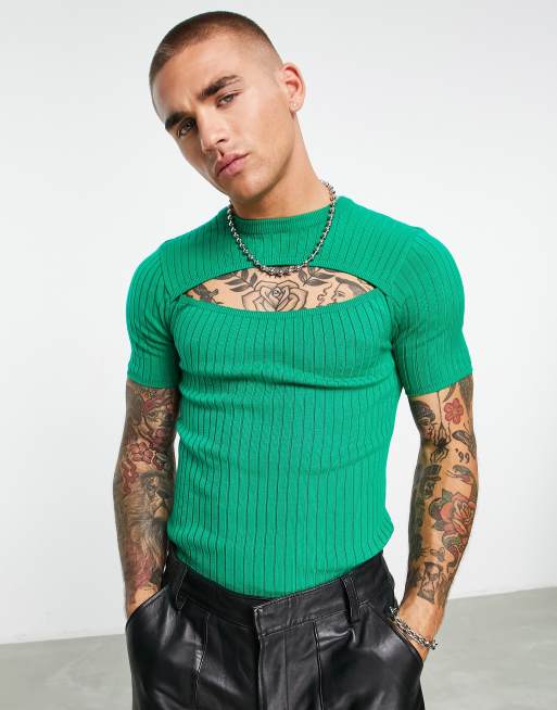 Camiseta verde con de abertura pecho de punto de DESIGN | ASOS