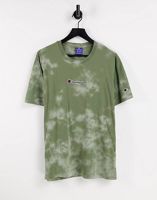 Hombre Tops | Camiseta verde con efecto tie dye y logo pequeño de texto en el pecho de Champion - MJ22864