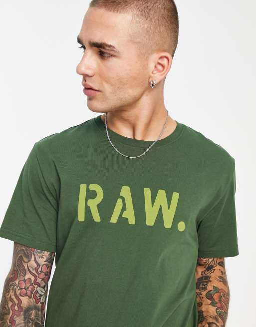 Camiseta verde con estampado de texto en la parte delantera tipo plantilla Raw de G-Star
