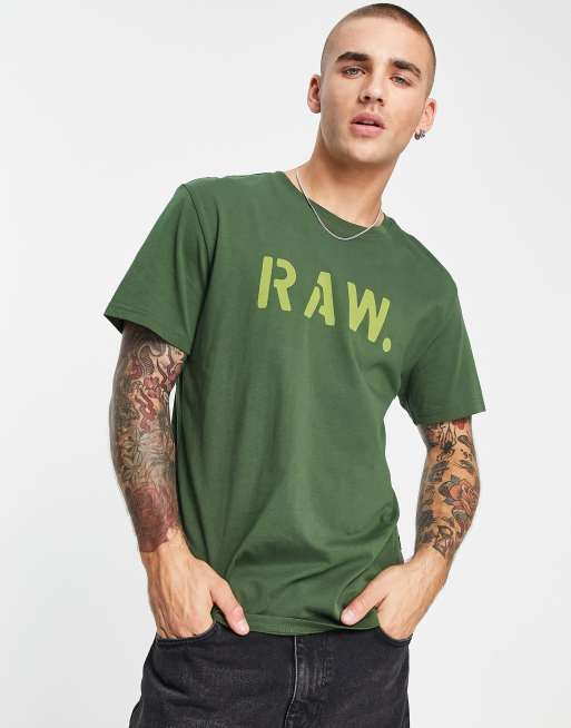 Camiseta verde con estampado de texto en la parte delantera tipo plantilla Raw de G-Star, 3 de 4