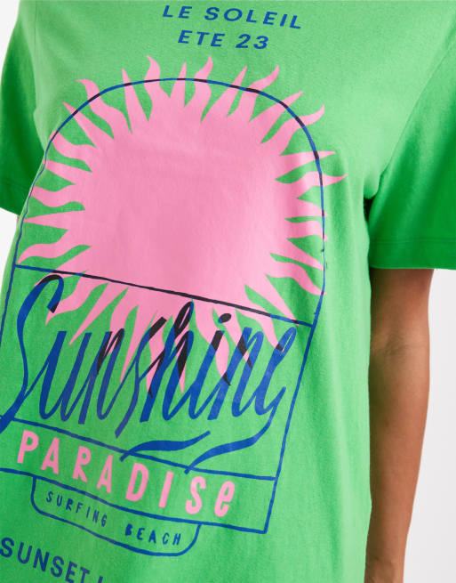Camiseta verde de corte estándar con estampado gráfico "Sunshine" de tejido efecto lino de ASOS DESIGN, 3 de 4