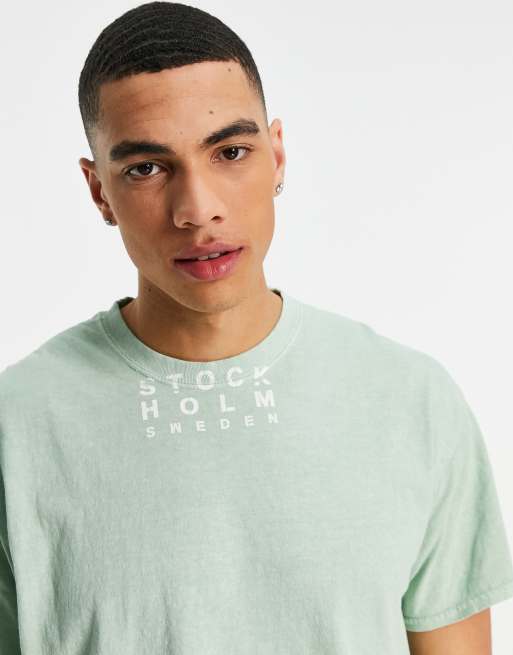 Camiseta verde de corte extragrande con estampado en el cuello Stockholm de Topman