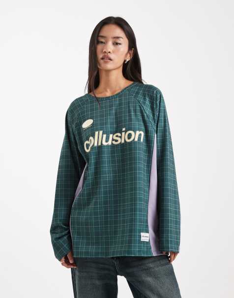 Camiseta verde de fútbol con estampado a cuadros de COLLUSION - view 1