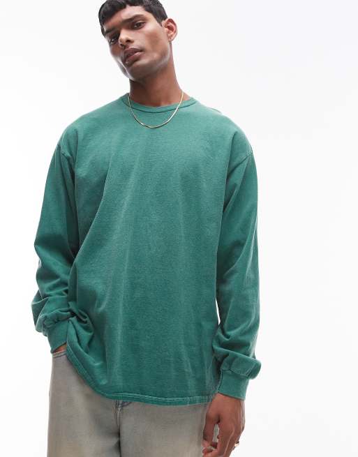 Camiseta verde deportivo de manga larga con lavado vintage de Topman