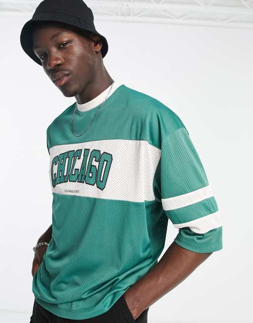 Camiseta verde extragrande con diseño color block y estampado de Chicago de malla de ASOS DESIGN